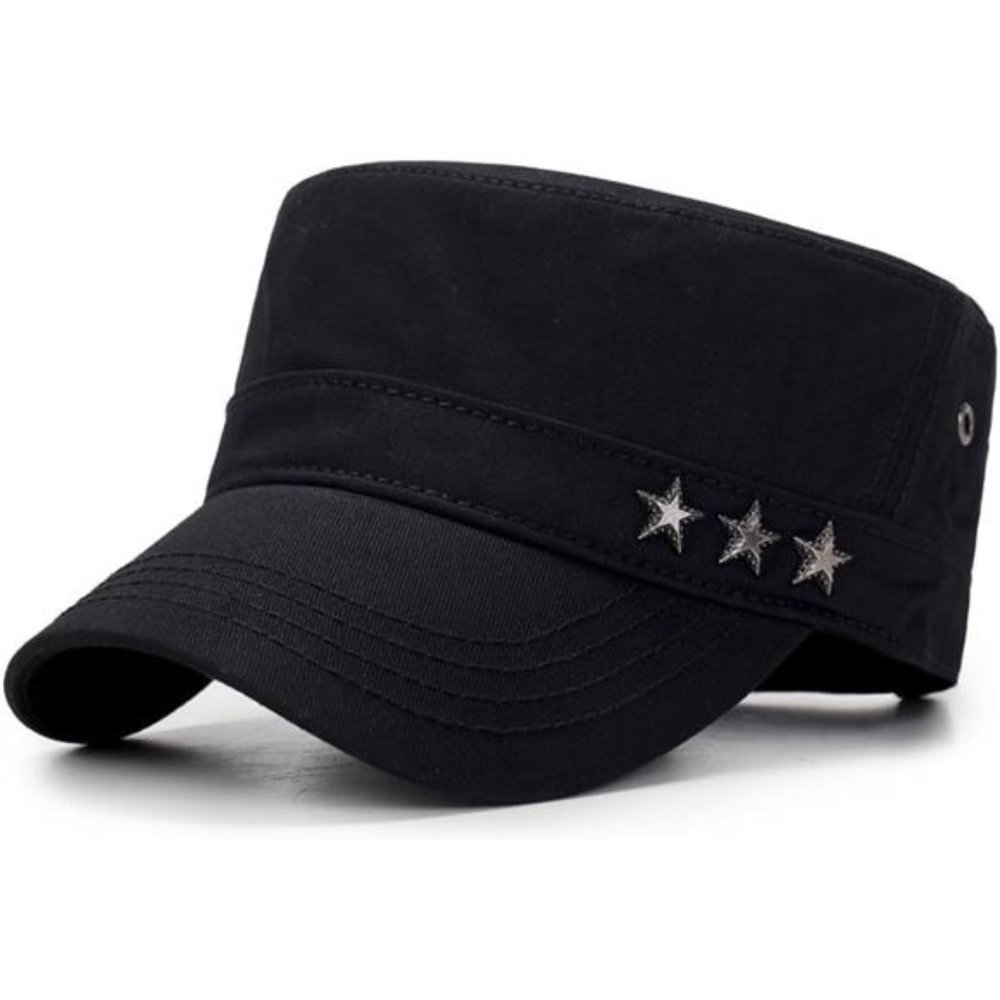 Unisex Flat Top Cap Army Cadet Cotton Adjustable Hat, Black